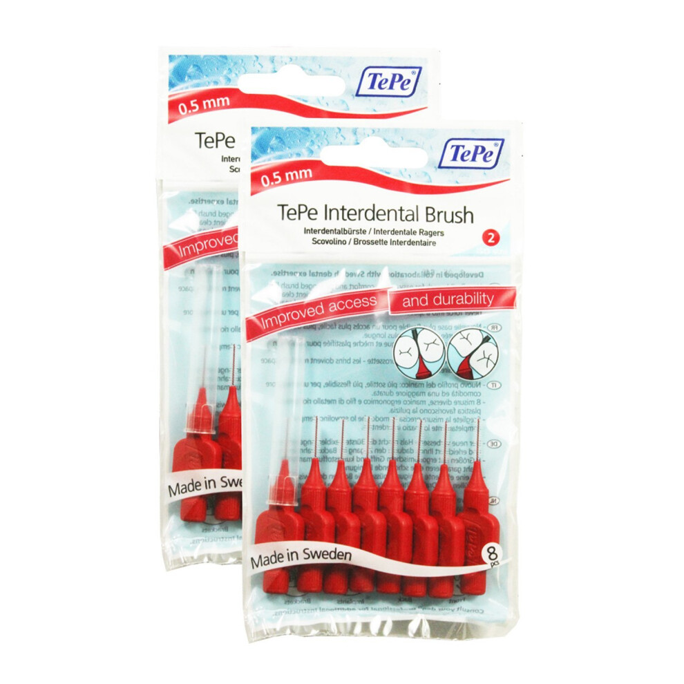 TePe Interdental Brushes 0.5mm Red - 2 Packets of 8 (16 Brushes)