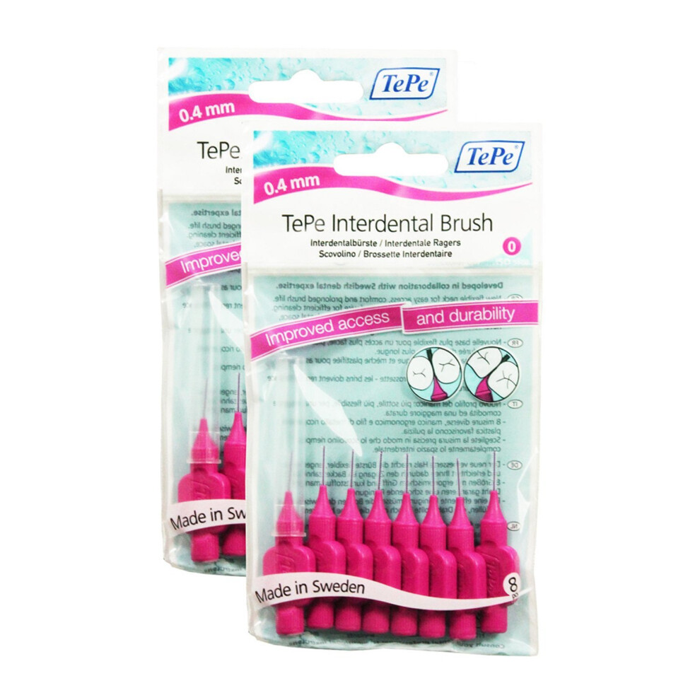 TePe Interdental Brushes 0.4mm Pink - 2 Packets of 8 (16 Brushes)