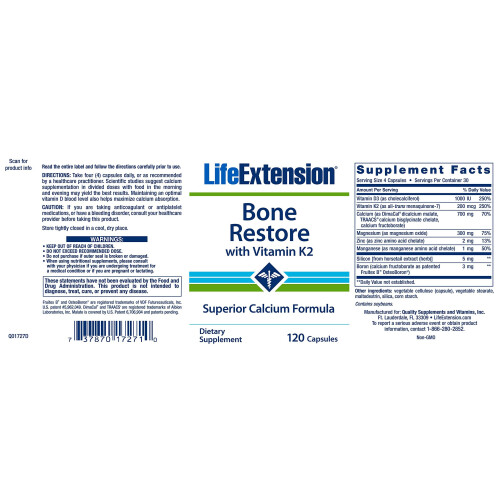 Life Extension, Bone Restore, Complément de Calcium avec Vitamine K2, 120 gélules 1