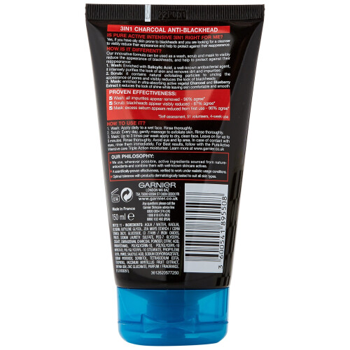 Garnier Garnier Pure Active 3in1 Charcoal Blackhead Mask Wash Scrub 150ml 1