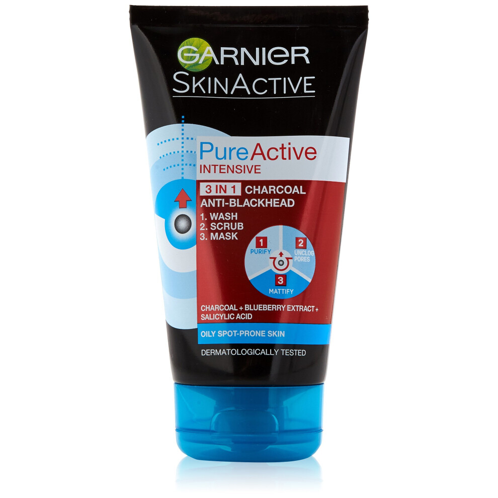Garnier Pure Active 3in1 Charcoal Blackhead Mask Wash Scrub 150ml