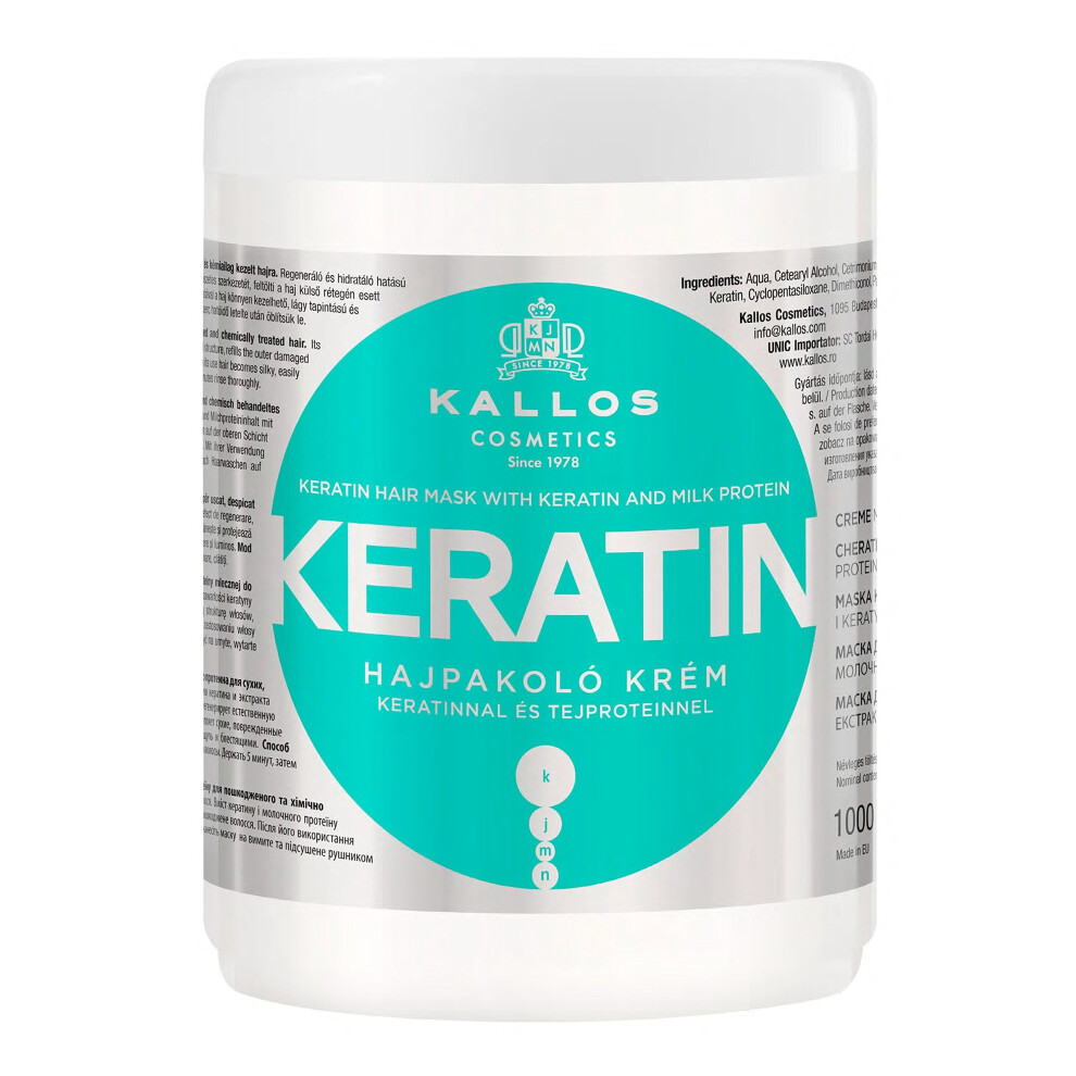 Kallos Keratin Hair Mask with Keratin and Milk Protein for Dry, Damaged and Chemically Treated Hair - 1000ml