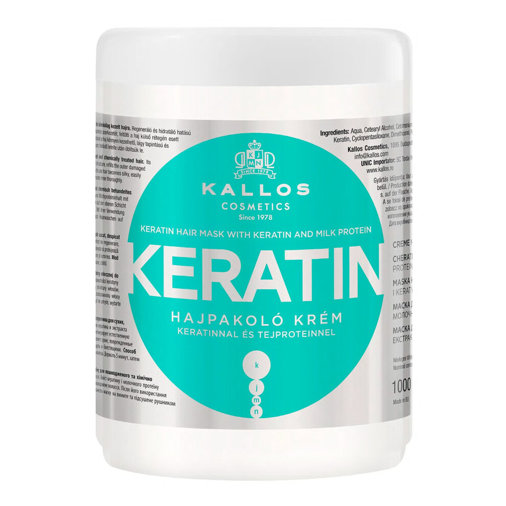 Kallos Keratin Hair Mask With Keratin And Milk Protein For Dry, Damaged And Chemically Treated Hair - 1000Ml