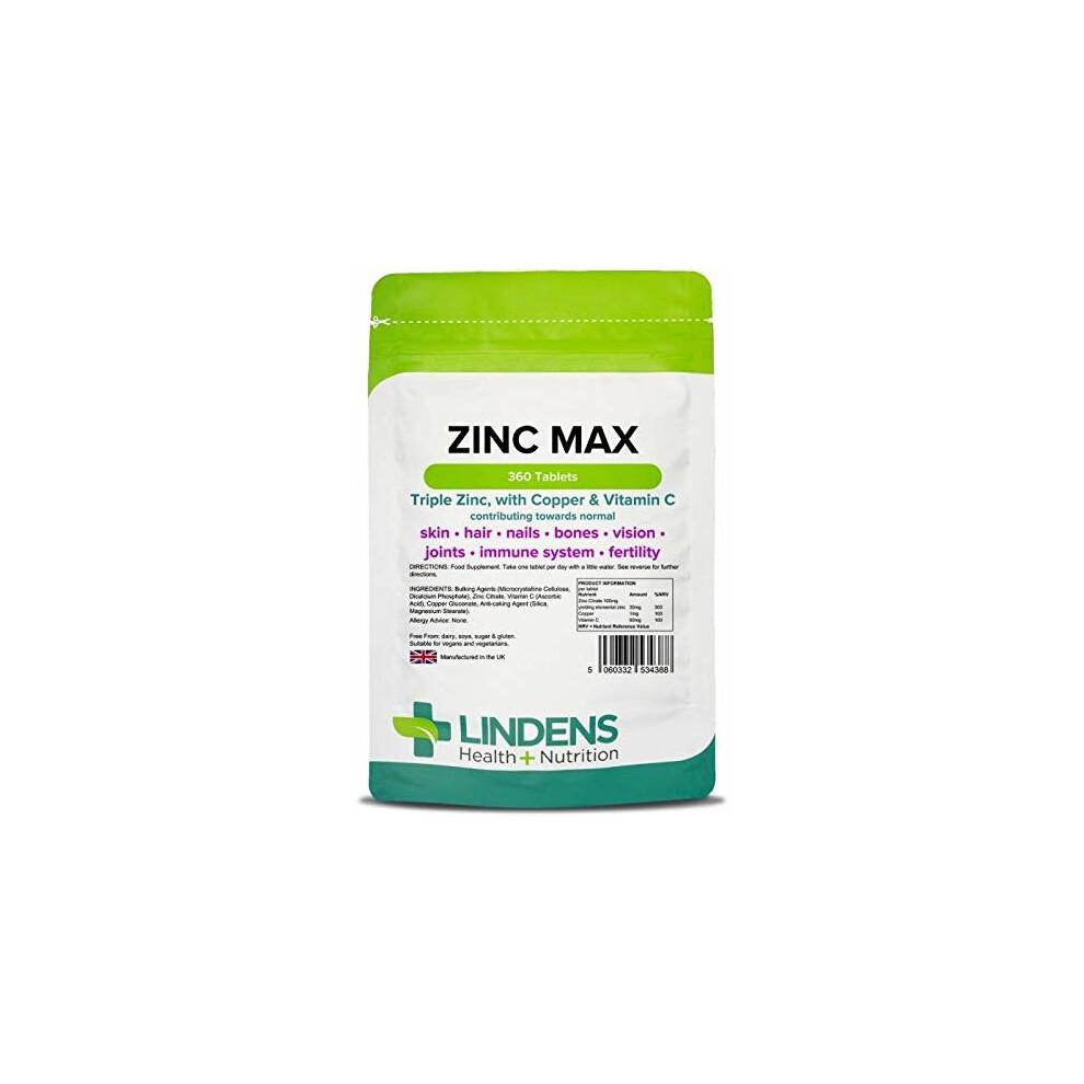 Lindens Zinc Max Tablets | 360 Pack | Provides 300% NRV Dose And Fortified With Vitamin C & Copper To Contribute Towards Healthy Hair, Skin, Nails,..