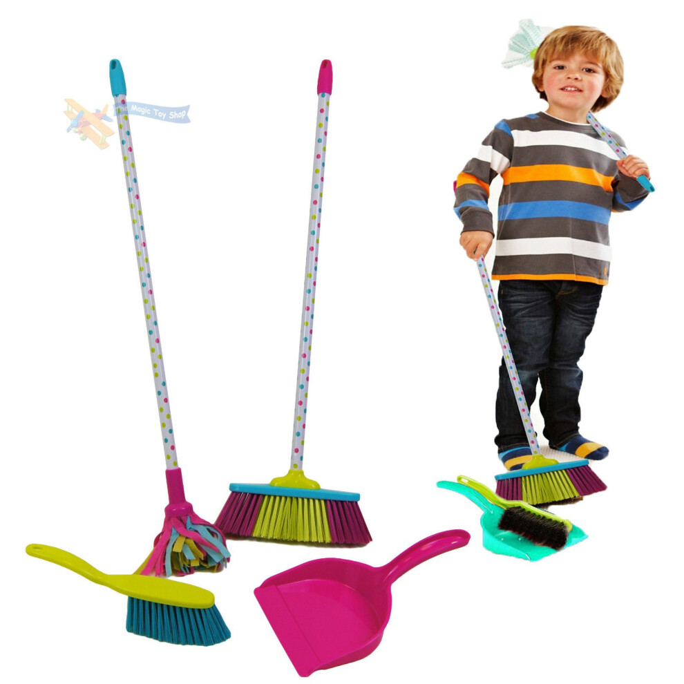 The Magic Toy Shop NEW Childrens Kids Cleaning Sweeping Play Set Mop Broom Brush Dustpan Childs Toy