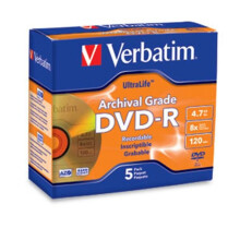 VERBATIM 96320 Disk DVD-R 4.7GB 8X Ultralife ArchivalGrade Gold Shiny 5pk Jewel