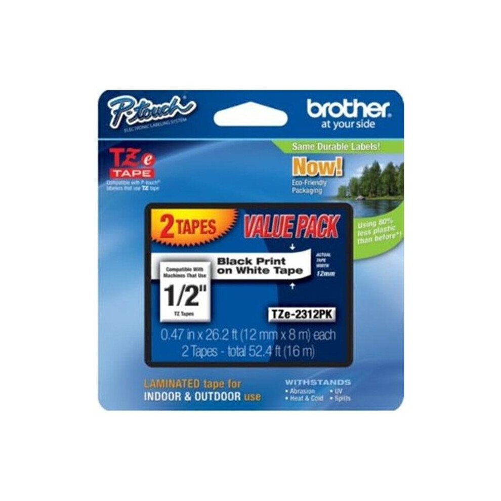 Brother TZE2312PK TZe Standard Adhesive Laminated Labeling Tapes  1/2w  Black on White  2/Pack