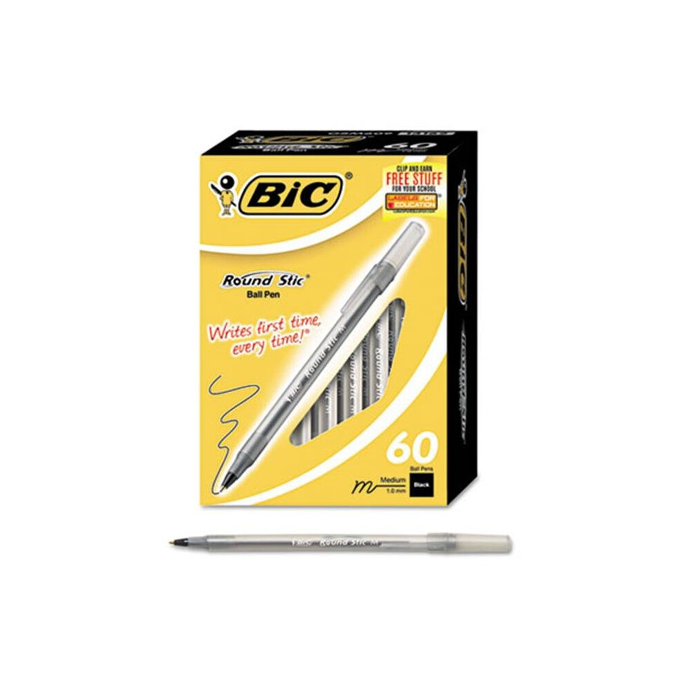 Bic GSM609-BK Round Stic Ballpoint Pen  Black Ink  Medium Point  1.0 mm  60 per Box