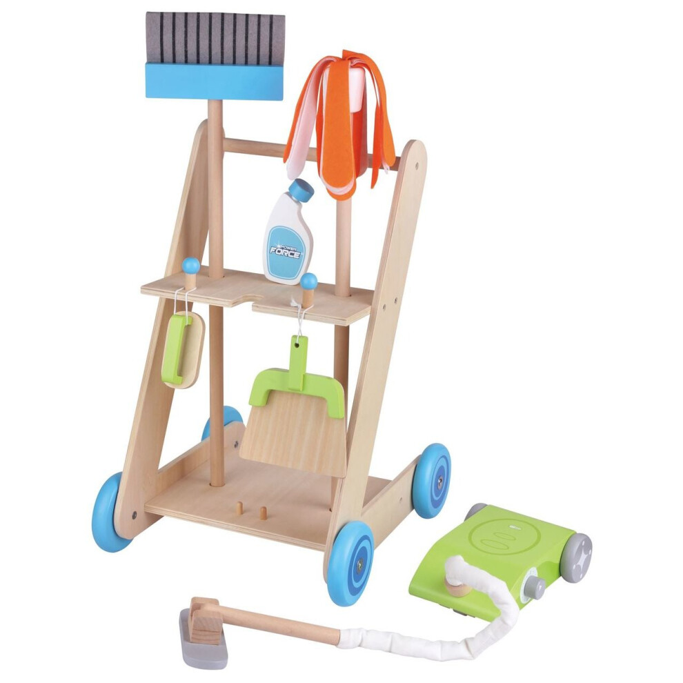 Lelin 11PC Wooden Toy Cleaning Cart Trolley Pretend Play Set for Kids