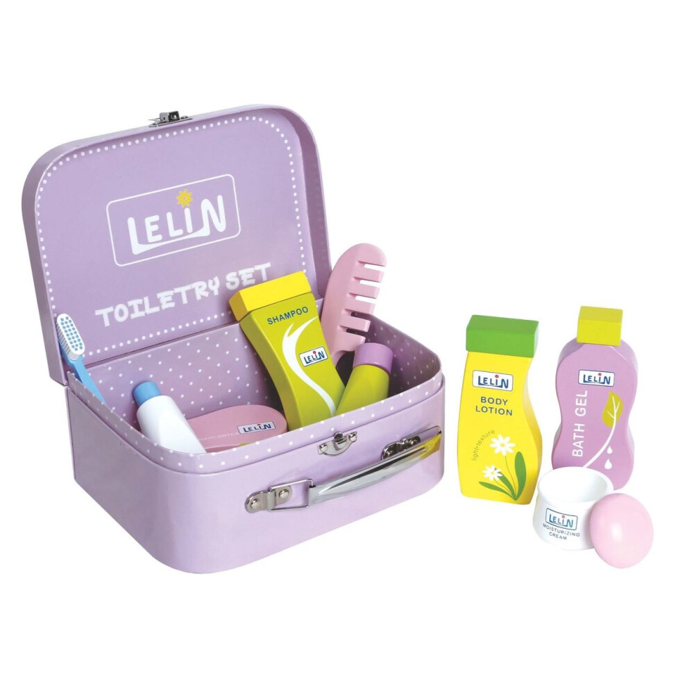 Lelin Wooden Toiletry Set Childrens Pretend Play Bathroom Travel Accessory Set