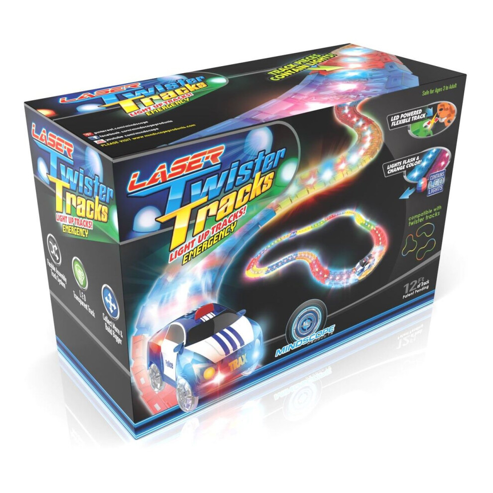 Mindscope LED Laser Twister Tracks 12 ft Light-Up Flexible Track Set with 1 Light-Up Police Car - Each Track Piece Lights Up