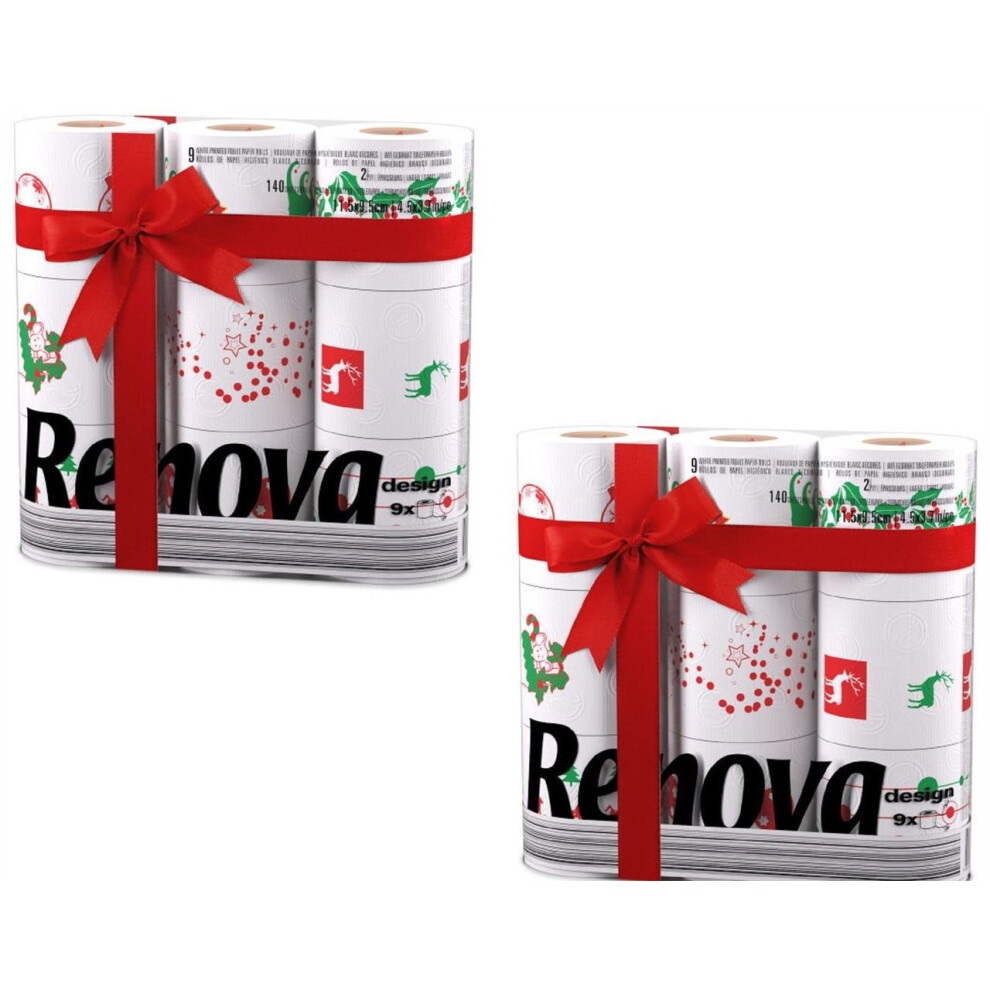 Renova White Print 2 Ply Christmas Xmas Toilet Tissue Paper Rolls (18 Rolls)