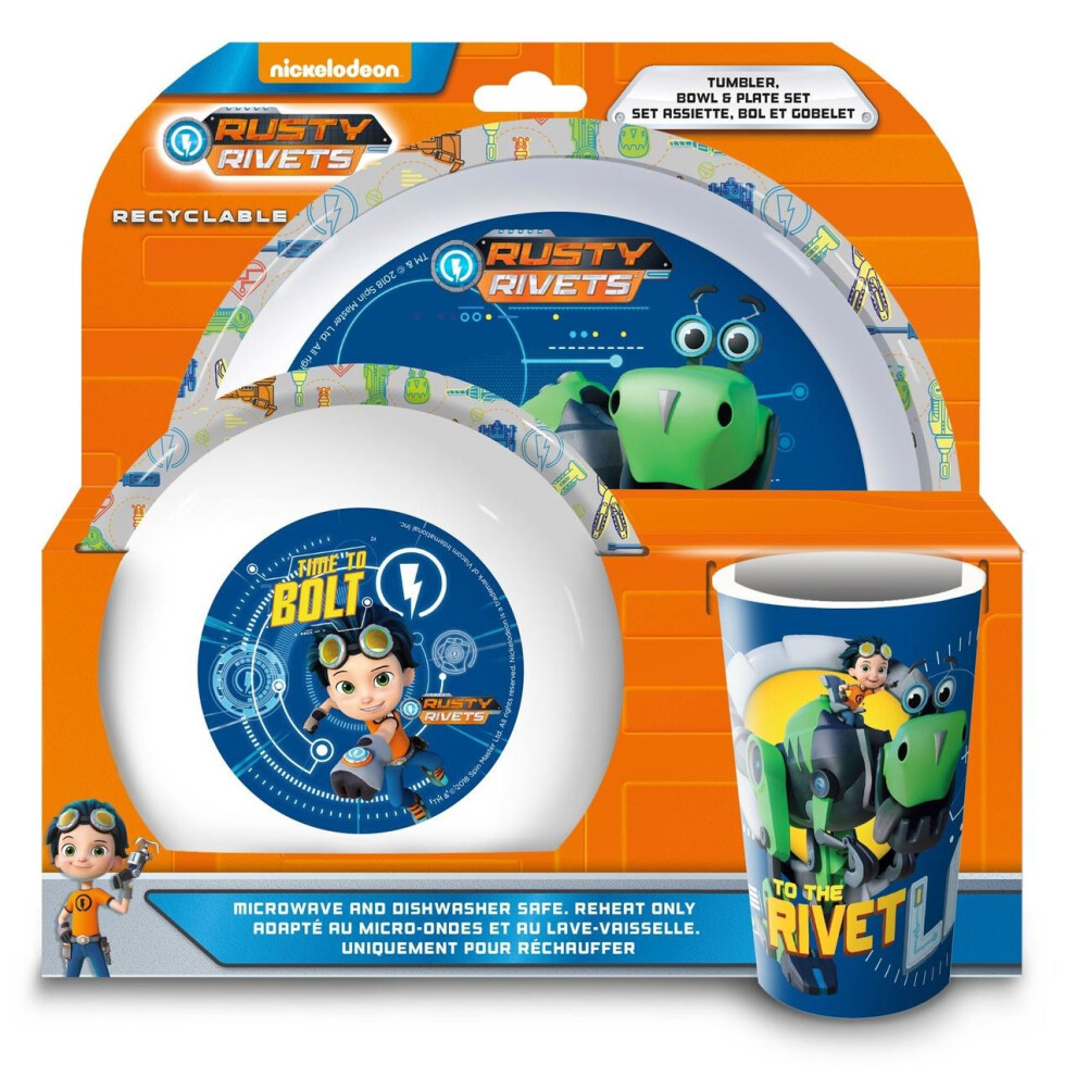 Rusty Rivets Children Kids Tumbler Bowl and Plate Set of 3