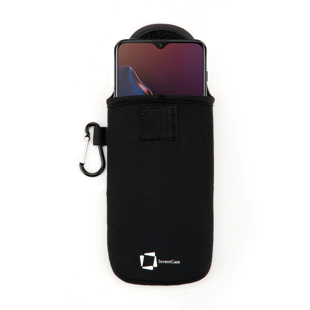 Inventcase Neoprene Impact Resistant Protective Pouch Case Cover Bag With Secure Fastening And Aluminium Carabiner For Oneplus 6T 2018 - Black 5055370934870
