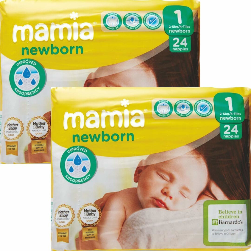 ALDI Mamia Newborn Nappies, Size 1, 2 x Packs of 24 (48 Nappies)-image-OPC-PP575X-NEW