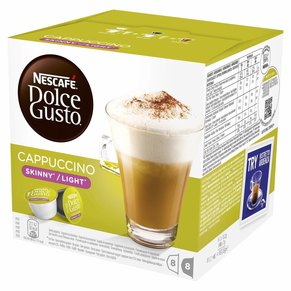 NESCAFÉ Dolce Gusto Cappuccino Skinny/Light Coffee Pods, 16 Capsules (Pack of 3 - Total 48 Capsules, 24 Servings)