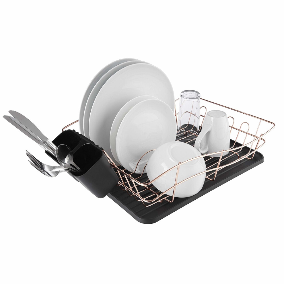 Tower T81400RB Dish Rack with Tray and 2 Removable Cutlery Holders, Black and Rose Gold