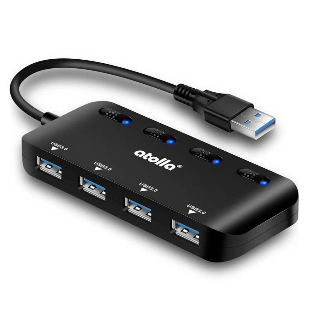 Atolla USB 3.0 Hub 4 Port - Ultra Slim USB 3.0 Data Hub with Individual On/Off Switches and LEDs USB 3.0 Extension Splitter