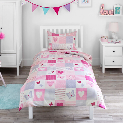 Bloomsbury Mill Hearts Butterflies Patchwork Girls Bedding Set Pink Single Duvet Cover and Pillowcase on OnBuy