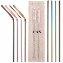 H&S 8 Metal Straws Reusable Coloured Stainless Steel Drinking Straws 2 Cleaning Brush Cleaner for Smoothie Hot Drinks with Bag Rainbow