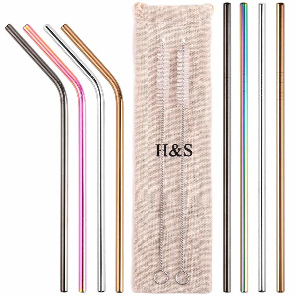 H&S 8 Metal Straws Reusable Coloured Stainless Steel Drinking Straws 2 Cleaning Brush Cleaner For Smoothie Hot Drinks With Bag Rainbow