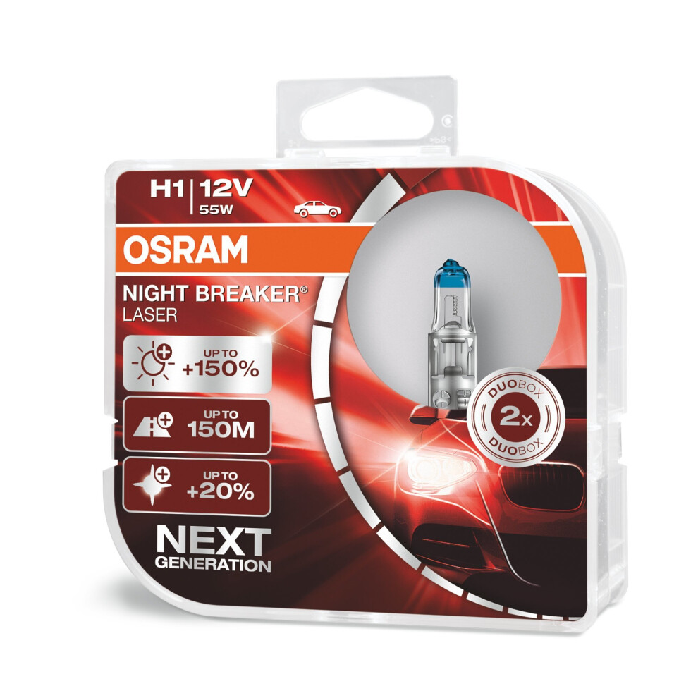 OSRAM NIGHT BREAKER LASER H1, next generation, +150% more brightness, halogen headlamp, 64150NL-HCB, 12V, passenger car