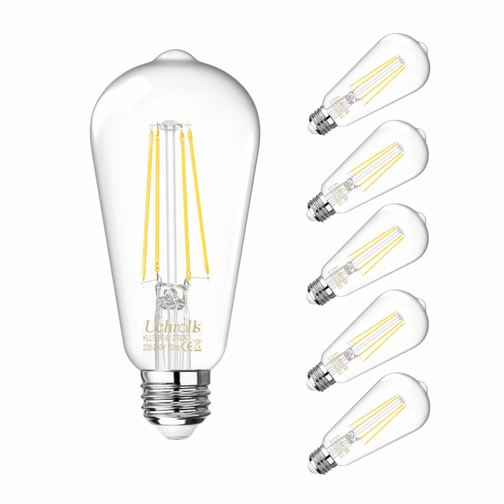 Uchrolls Vintage Edison Light Bulb ST58, E27 Base,6W (Equivalent to 60W),Warm White,2700K,800lm,Filament Clear LED Bulb, Non-dimmable,Pack of 5