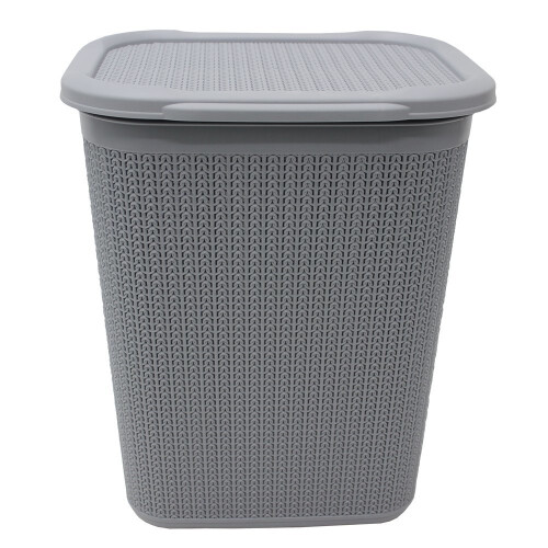 JVL Knit Design Loop Plastic Rectangular Lidded Washing Laundry Basket, Grey, 34 x 43 x 55 cm, 50 Litres
