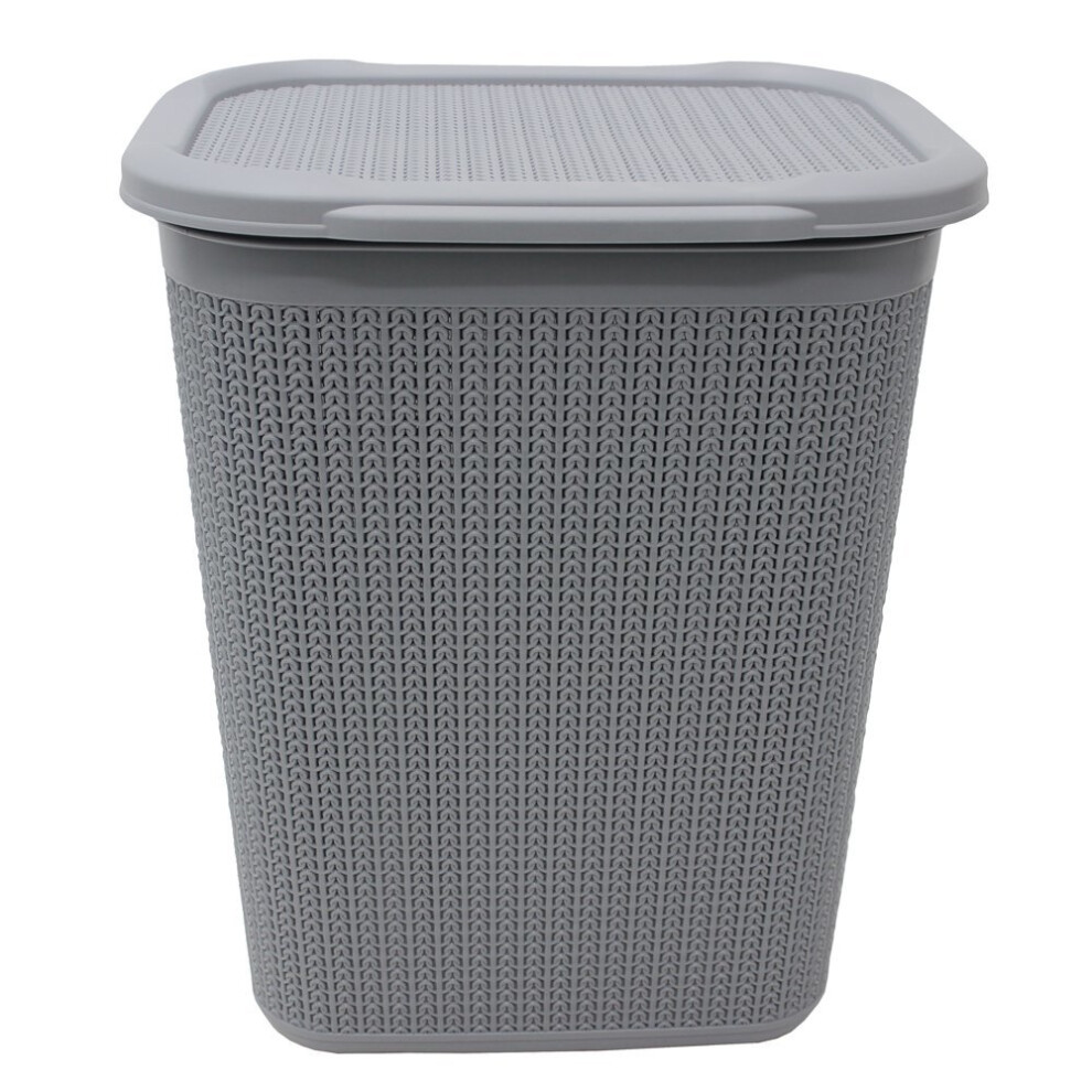JVL Knit Design Loop Plastic Rectangular Lidded Washing Laundry Basket, Grey, 34 x 43 x 55 cm, 50 Litres
