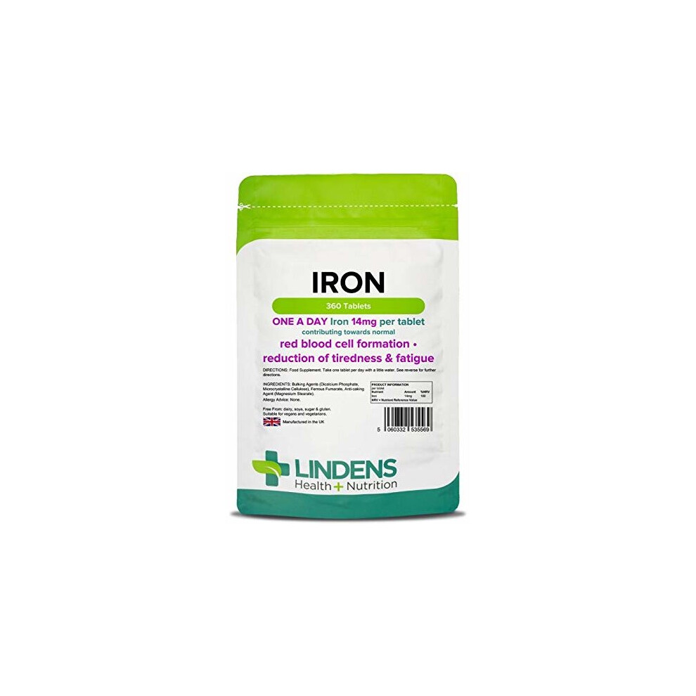 Lindens Iron 14mg Tablets | 360 Pack | Helps Reduce Tiredness & Fatigue, Supports Normal Oxygen Transportation, Formation of red Blood Cells &...