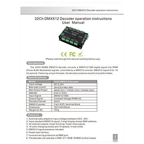 32 Channel 96A RGBW DMX 512 LED Decoder Controller DMX Dimmer DC5-24V RGBW RGB LED light 8 Bit/16 Bit 1