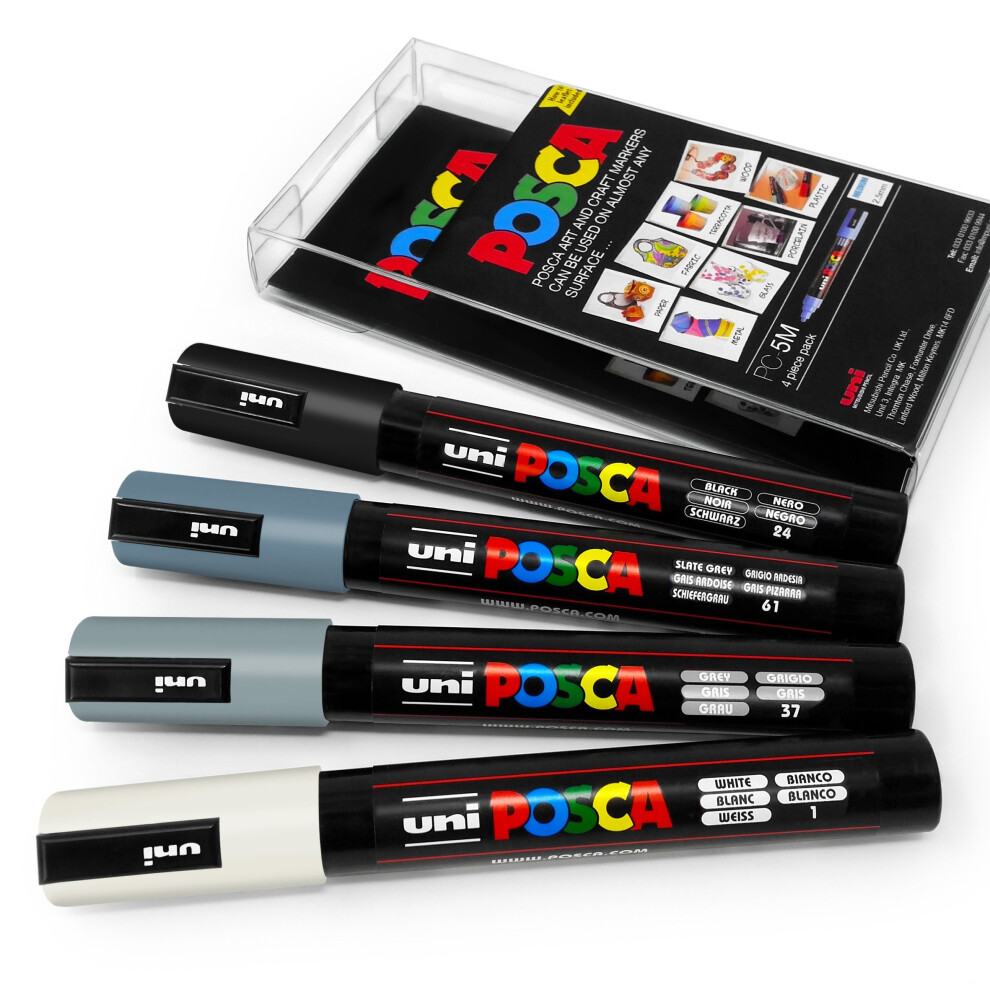 Uni POSCA - PC-5M Art Paint Markers - Set of 4 - In Plastic Wallet - Grey Tones