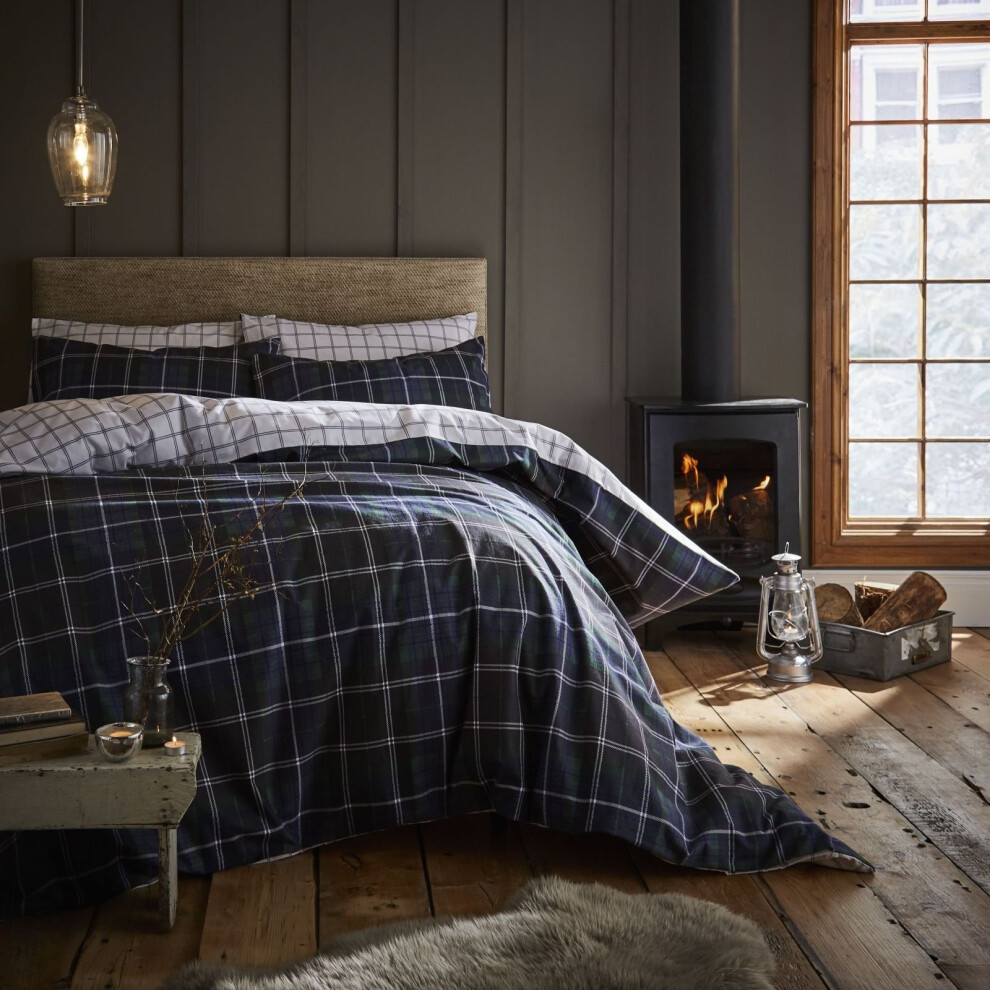 Catherine Lansfield Brushed Cotton Tartan Check Double Duvet Set Navy