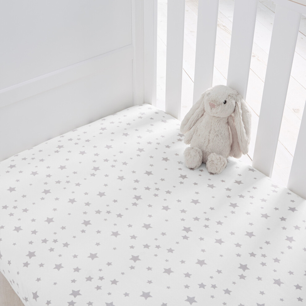 Silentnight Safe Nights Cot Bed Fitted Sheet, Grey Stars, Pack of 2