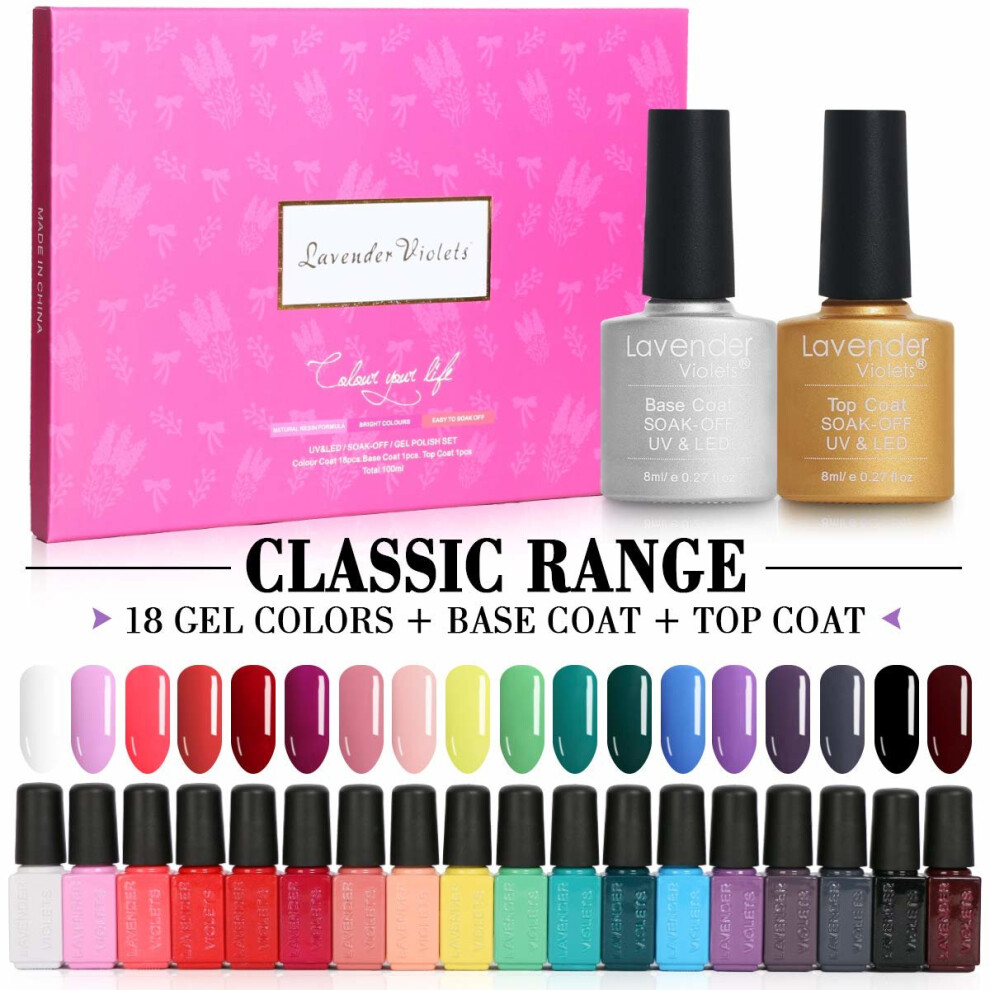 Lavender Violets  20 Pcs Soak Off Gel Nail Polish UV Led Gel Polish Beginners and Practice Gel 18 Colour Coats N Base N Top Coat For Manicure...