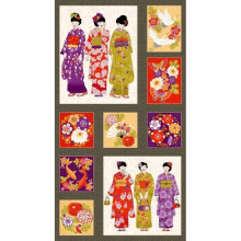 Kimono Japanese Geisha Fans Cranes Koi Flowers Cotton Quilting Panel Fabric