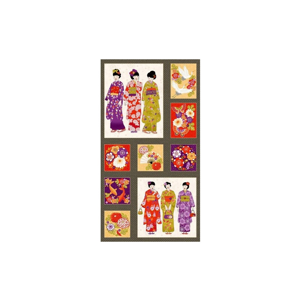 Makower Kimono Japanese Geisha Fans Cranes Koi Flowers Cotton Quilting Panel Fabric Multicoloured