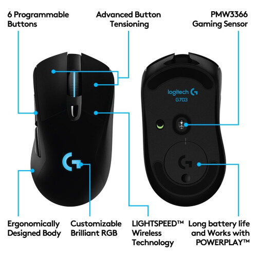 Logitech Logitech G703 Wireless Gaming Mouse with Powerplay Wireless Charging Compatibility LIGHTSPEED 2