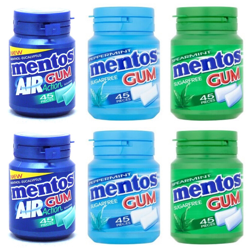 Mentos Sugar Free Chewing Gum 6 Pot Selection Bundle - 2x Spearmint, 2x Peppermint, 2x Menthol Eucalyptus Air Action - HJ8U