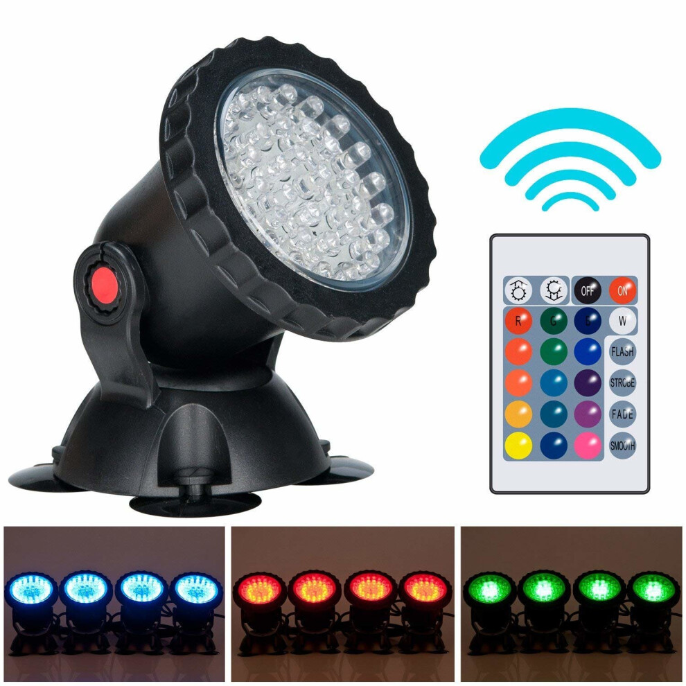 HJ8U Lysignal 4x 36-LED RGB Underwater Spotlight Kit with Remote IP68 180 Adjustable UK Plug Aquarium Pond Pool Lighting