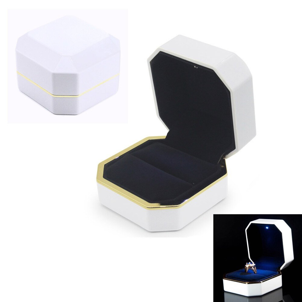 AVESON Luxury Ring Box, Square Velvet Ring Holder Case Jewellery Organiser Storage Gift Box with LED Light for Proposal Engagement Wedding, White