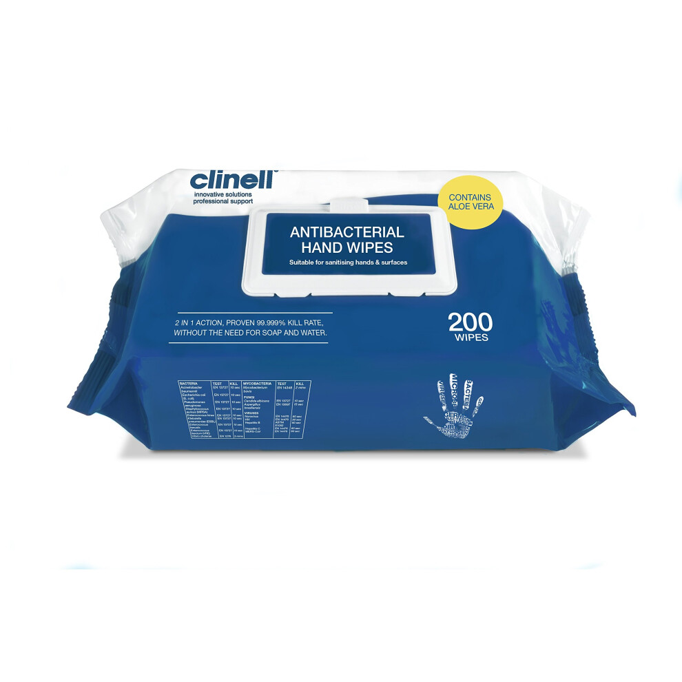 Clinell CAHW200 Antibacterial Hand Wipes (Pack of 200)