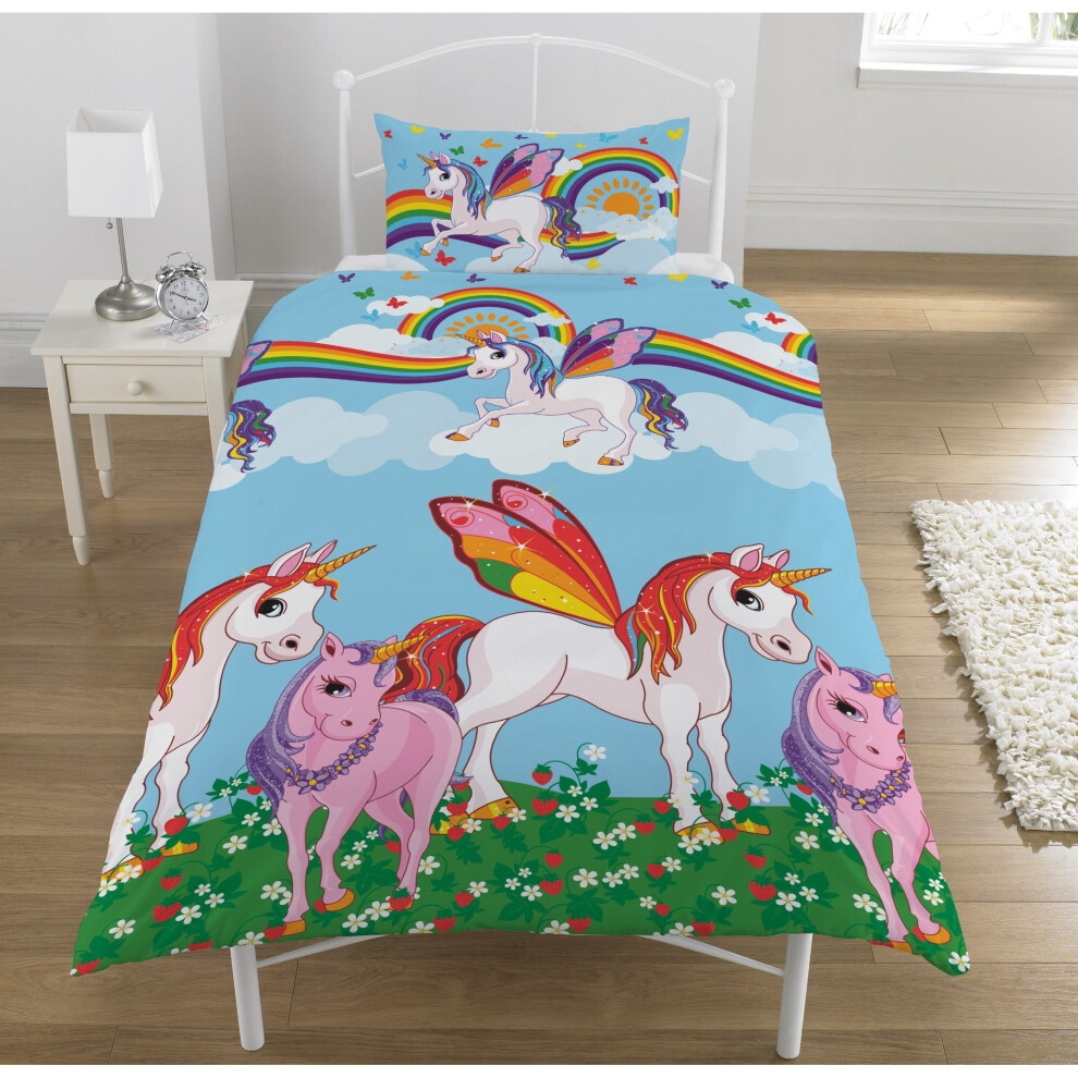 KidCollection Rainbow Unicorns Single/Double Reversible Duvet Cover Bed Set (Single Duvet Cover)