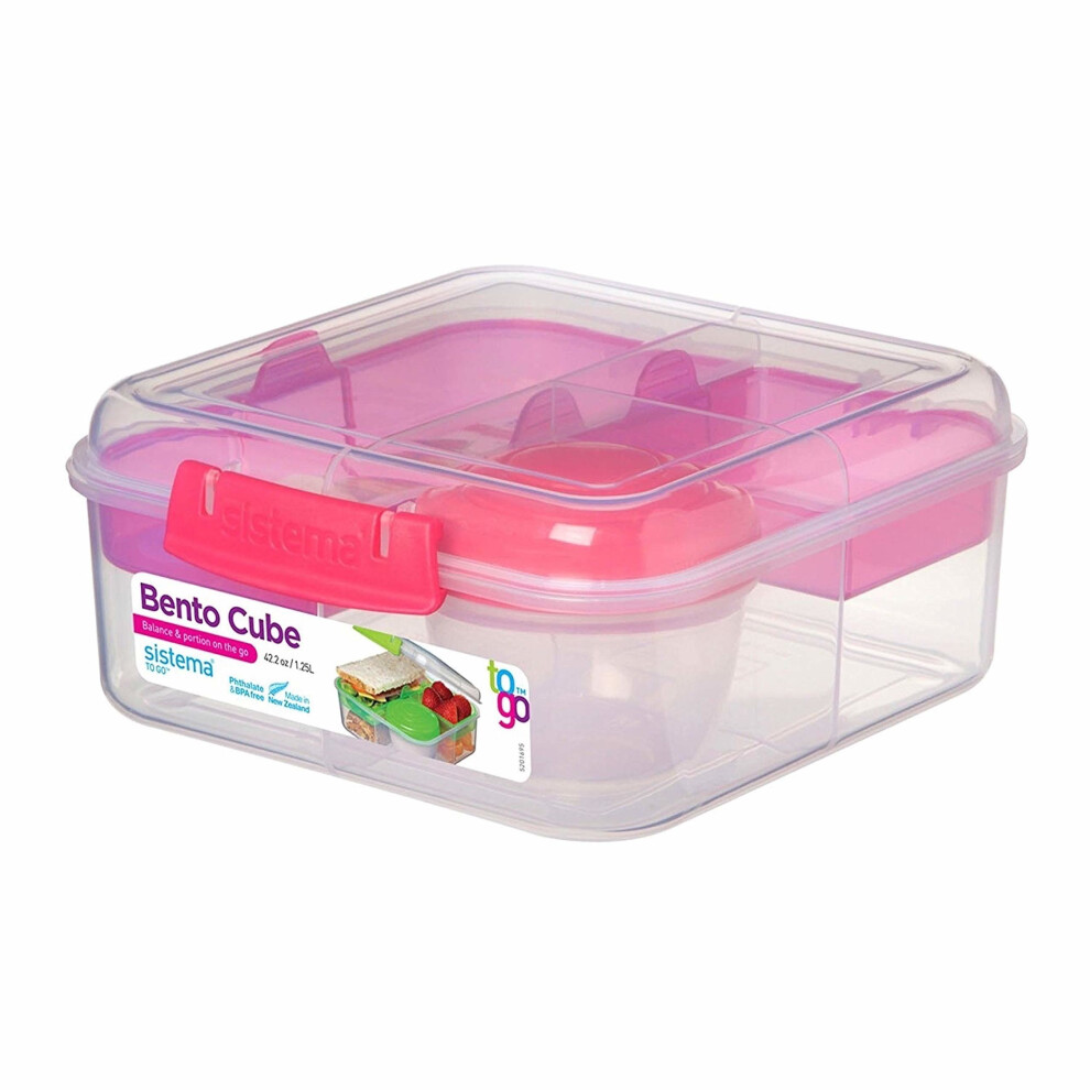 Sistema Bento Cube Box to Go with Fruit/Yoghurt Pot, 1.25 L - Clear/Pink