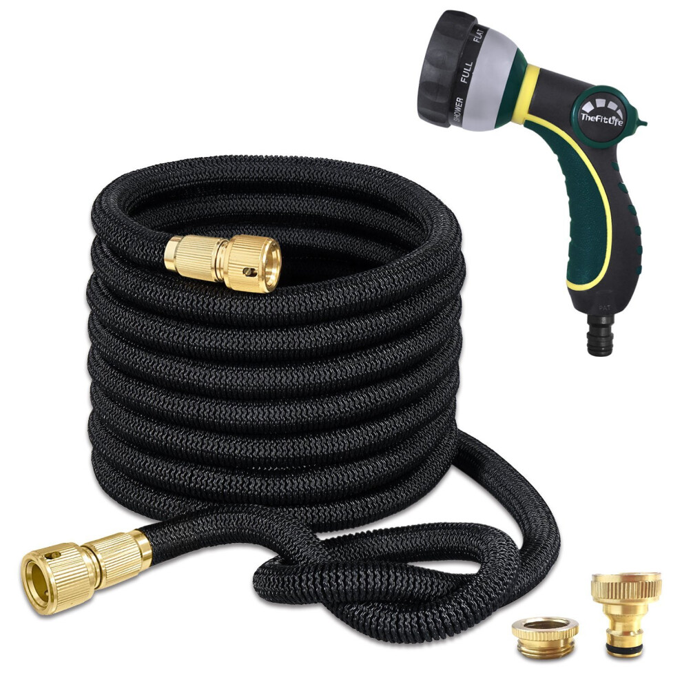 TheFitLife Expandable Garden Hose Pipe With Strongest Triple Core Latex & Solid Metal Fittings 8 Pattern Spray Nozzle UK/EU Standard Expending Kink...