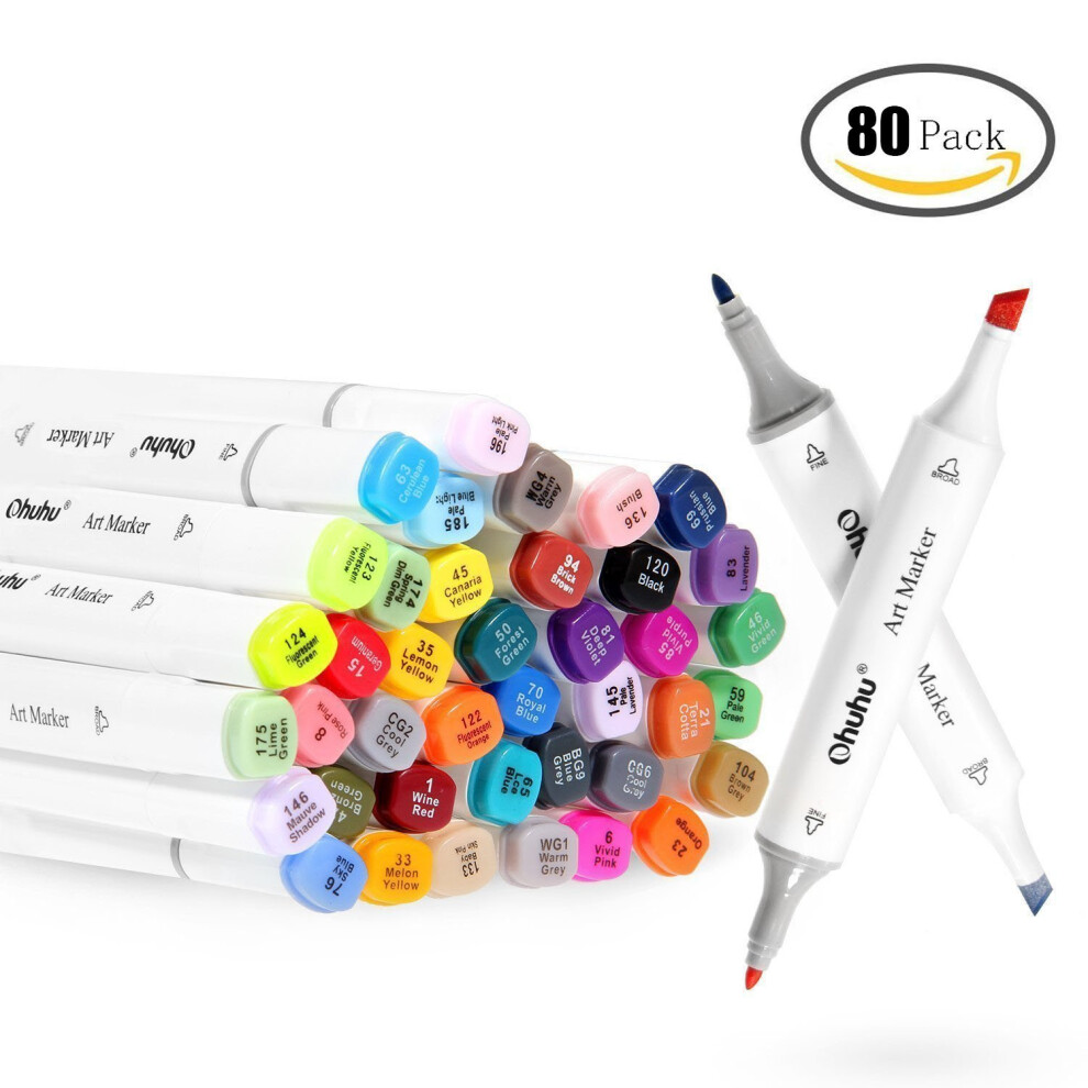 Ohuhu 80 Colors Dual Tips Art Sketch Twin Marker Pens Highlighters with Carrying Case for Painting Coloring Highlighting and Underlining