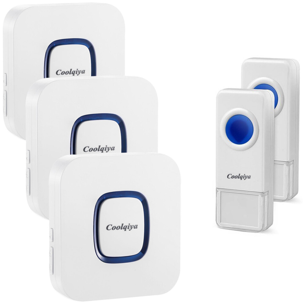 Coolqiya Wireless Doorbell Chimes with 2 Remote Waterproof Door Bell Buttons and 3 Plugin Receivers, Operating up to 1000 Feet Range, No Battery...