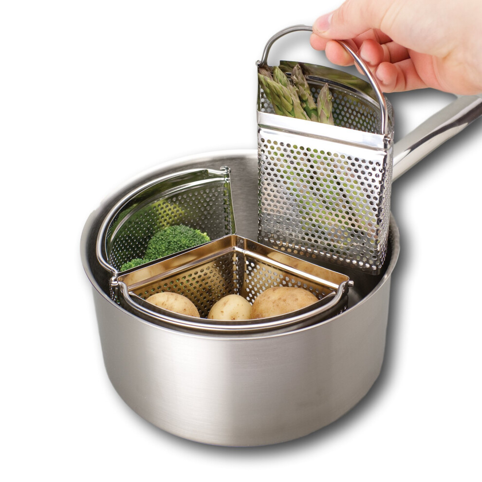 Saucepan Triple Divider And Separator Set - Saves Energy and Space When Cooking. Three Part Professional 18cm Stainless Steel Strainer. Vegetables,...