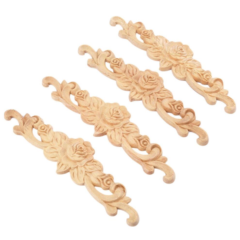 4pcs 20*5cm Wood Carved Long Onlay Applique Unpainted Rose Flower Door Home Decor European Style