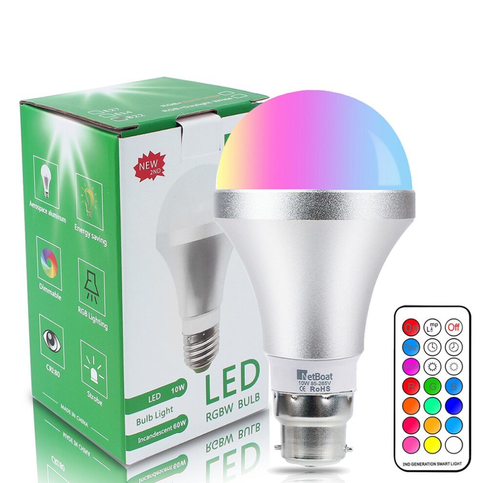 NetBoat Colour Changing Bulb B22 10W Dimmable,Netboat RGBW LED Light Bulbs Mood Lighting with 21key Remote Control,Dual Memory Function,12 Color...